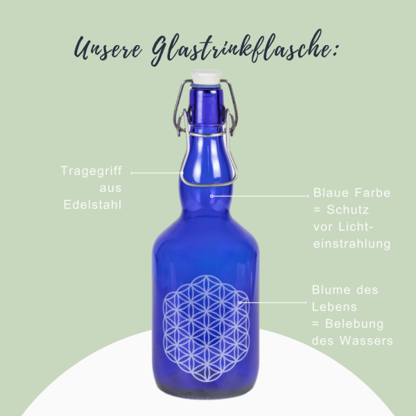 Gefuele - Glastrinkflasche Blau mit Tragegriff  -  750ml - Nachhaltig, &Ouml;kologisch, mit der Blume des Lebens
