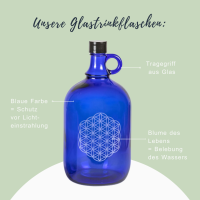 Gefuele - Glastrinkflasche Blau mit Tragegriff  -  2 L - Nachhaltig, &Ouml;kologisch, mit der Blume des Lebens